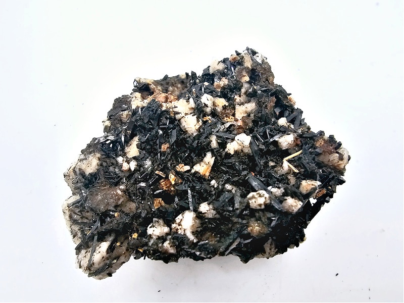 aegirine cluster, crystal, black with white and yellow, cluster, rough