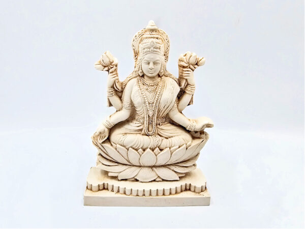 Lakshmi Statue, Hinduism, statue, on lotus, white case resin, Goddess, ornaments, wealth, fortune, power, beauty and prosperity