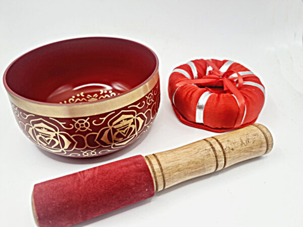 Root Chakra Singing Bowl (13cm), red and gold, mallet, bowl, chakra, root, meditation, sound therapy