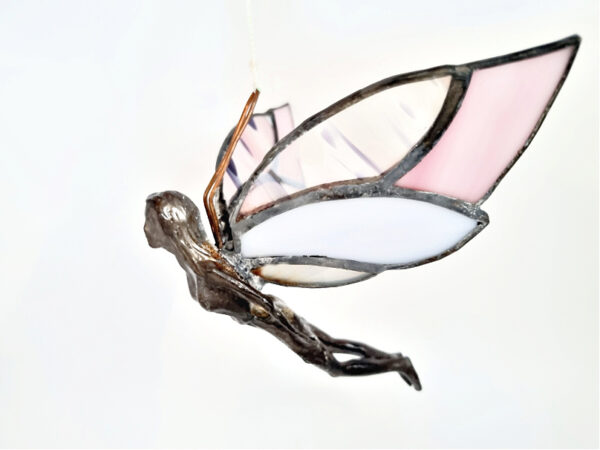 Pink Stained Glass Flying Fairy, window sill, sun shines through her beautiful wings, pink, flying, fairy