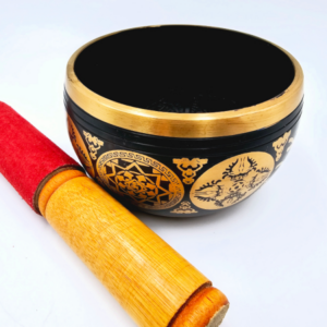 Singing Bowl Black Small Mantra, black and gold, mallet, small, singing bowl, meditation, sound therapy, healing