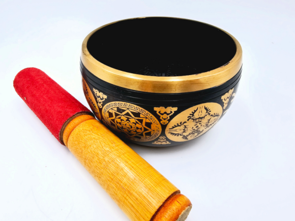 Singing Bowl Black Small Mantra, black and gold, mallet, small, singing bowl, meditation, sound therapy, healing