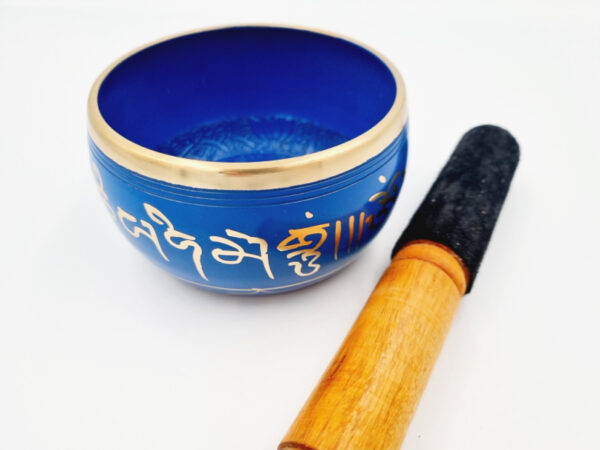 Mantra Singing Bowl Blue (Small), bowl, mallet, healing, mantra, sound therapy, meditation, blue and gold