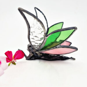 Green & Pink Stained Glass Laying Fairy, sits on the shelf or window sill, lights up the room, green and pink, stained glass, lying down fairy