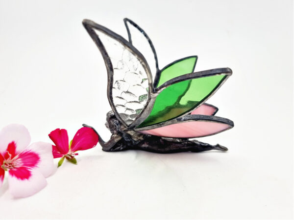 Green & Pink Stained Glass Laying Fairy, sits on the shelf or window sill, lights up the room, green and pink, stained glass, lying down fairy