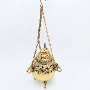 thurible brass, gold, resin, incense powder, charcoal, three chains, swing back and fourth, hang up, The lid is secured with a chain