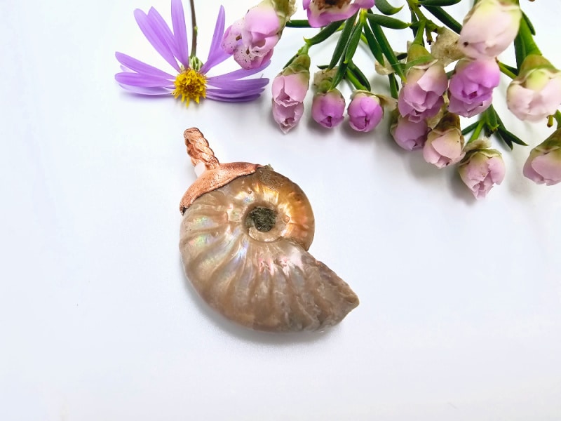 Ammonite Copper Pendant, copper, ammonite, fossil, gold, necklace, Planet: Saturn