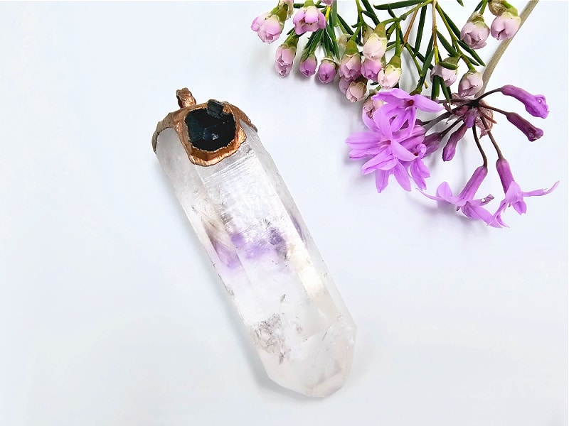 Brandberg Amethyst & Tourmaline Copper Pendant, crystal, pendant, copper, black piece of gemstone, amethyst, tourmaline