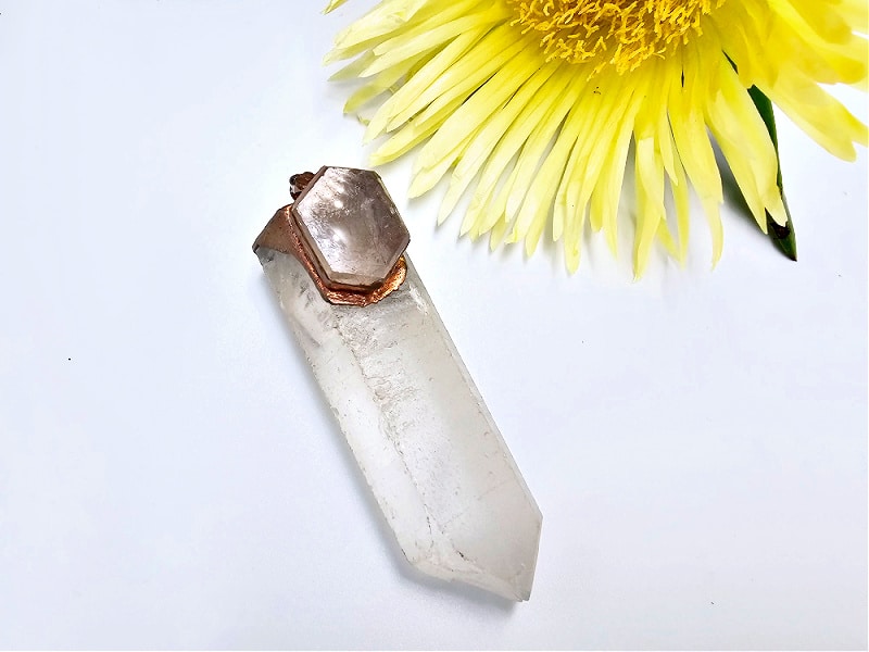 Clear Quartz & Red Rutile Copper Pendant, crystal, clear and a bit of grey stone, beautiful gemstone, necklace, pendant, copper