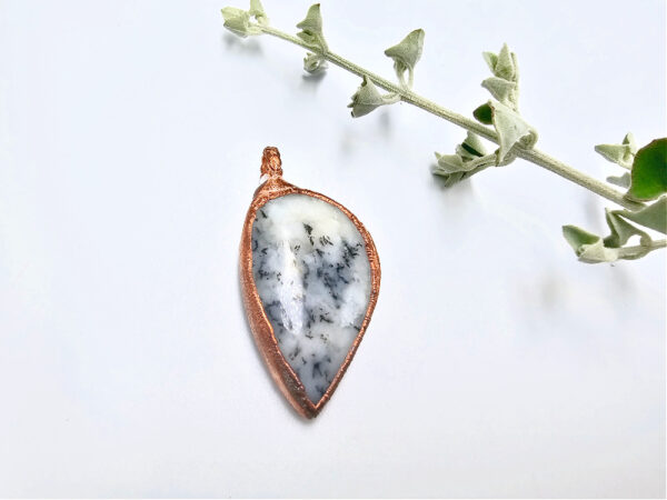 Dendritic White Opal Copper Pendant, copper, white with a black, necklace, pendant, gemstone, crystal