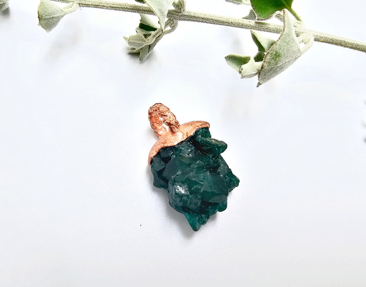 Dioptase Copper Pendant, crystal, cluster, green gemstone, copper, necklace, pendant, Other Names: Russian Emerald