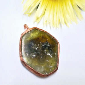 Green Garnet Copper Pendant, crystal, polished, copper, necklace, green and brown and black hues, beautiful gemstone