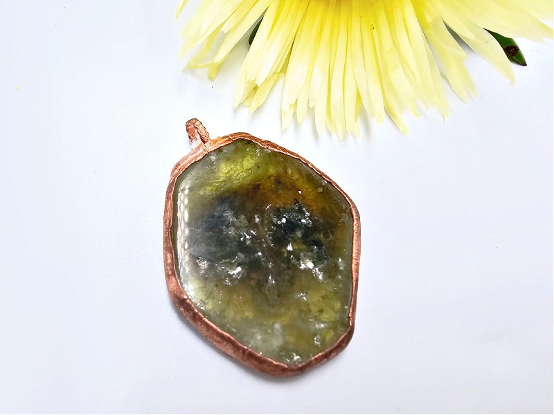 Green Garnet Copper Pendant, crystal, polished, copper, necklace, green and brown and black hues, beautiful gemstone