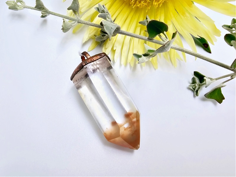 Hematoid Quartz Copper Pendant, crystal, polished, copper, pendant, necklace, clear with orange hues, beautiful gemstone