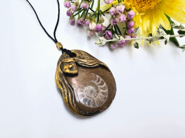 Ammonite Guardian Necklace, crystal, brown with white, ammonite, gemstone, black cord, slip knot