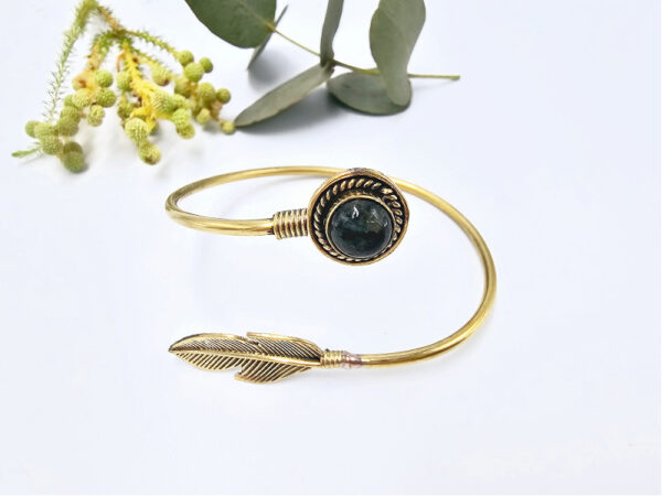 Labradorite Brass Bracelet, yellow brass, black onyx