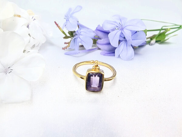 Brass Square Amethyst Ring With Dots (Adjustable)