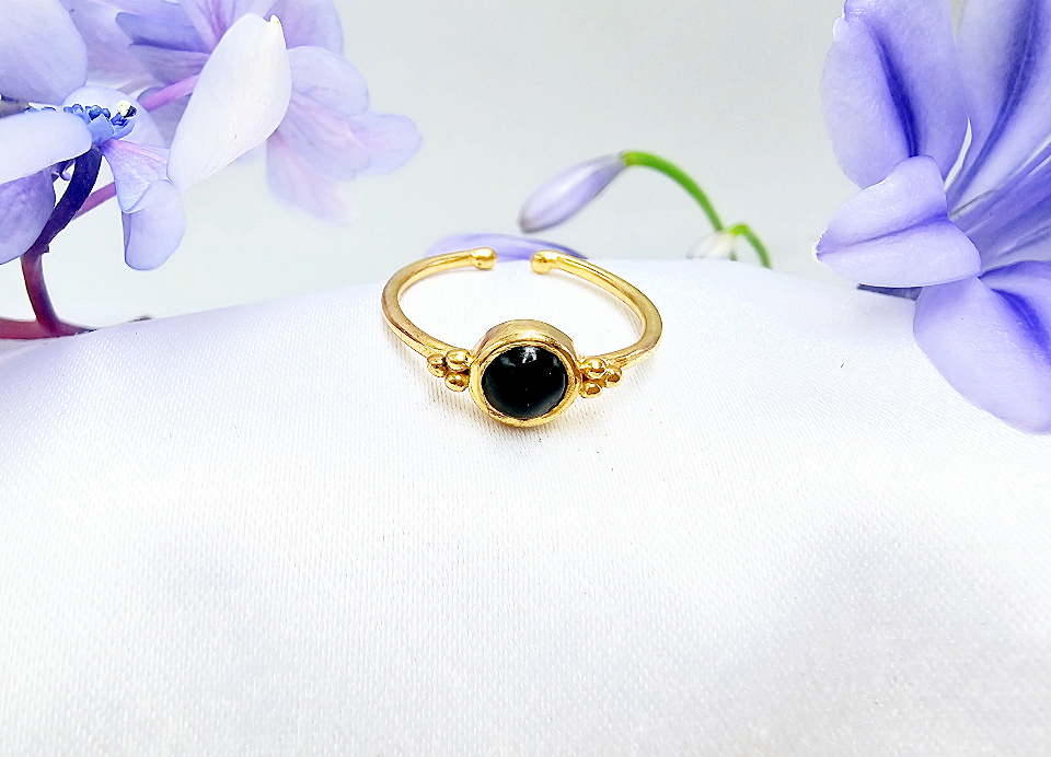 Brass Black Onyx Round Ring With Circles (adjustable) - Hello Indigo Halo