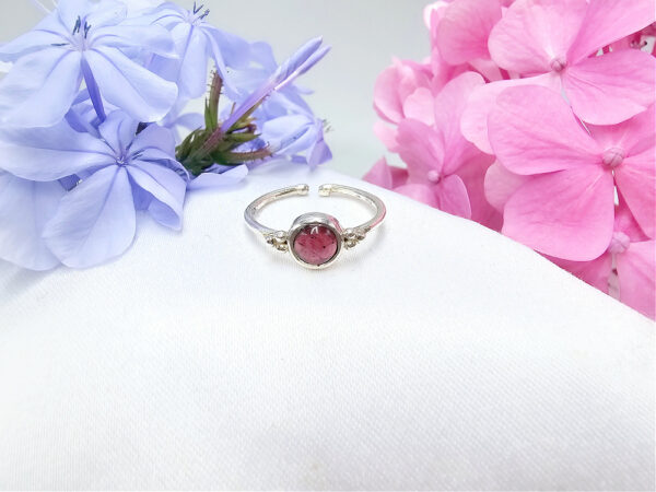 Red Garnet Ring Round With Side Dots (925 Silver)