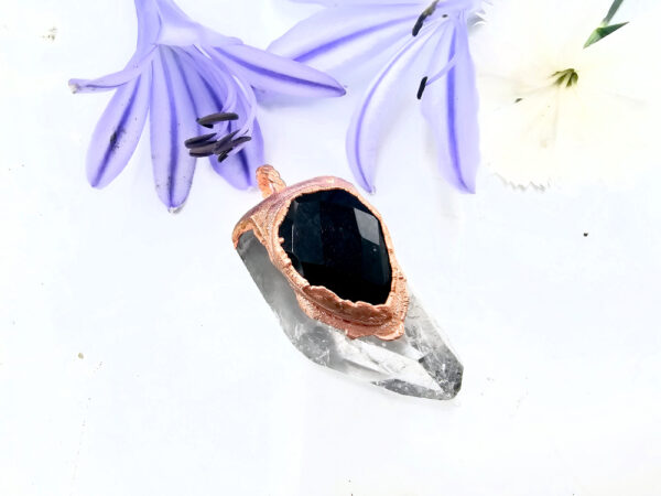 *Clear Quartz & Faceted Black Onyx Copper Pendant