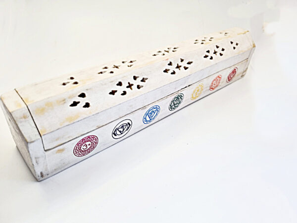 Horizontal Chakra Wooden Incense Box (White)