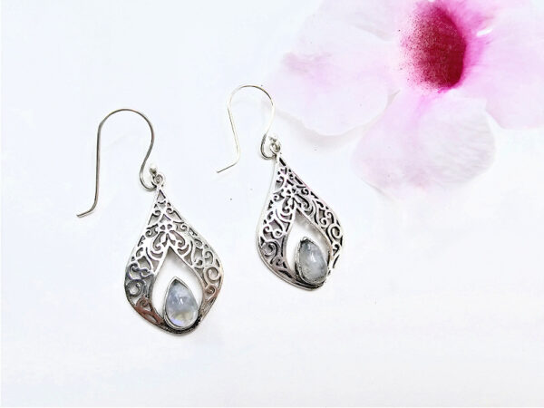 Detailed Teardrop Rainbow Moonstone Earrings