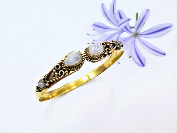 Double Detailed Drop Rainbow Moonstone Bangle (Brass)