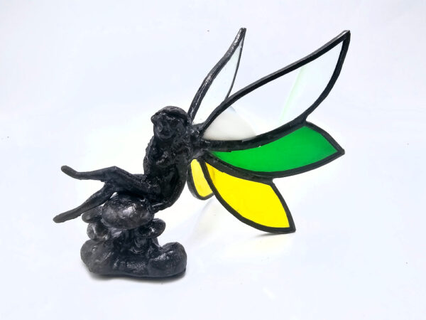 Green & Yellow Stained Glass Sitting Mushroom Fairy