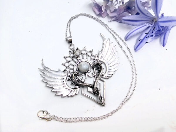 Winged Rainbow Moonstone Necklace (White Brass) - Image 2