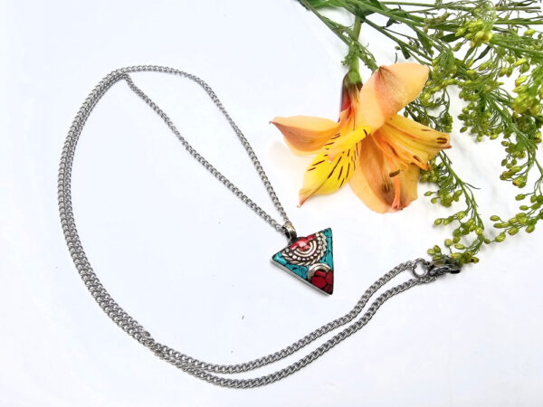 Tibetan Necklace Triangle Red & Turquoise - Image 2