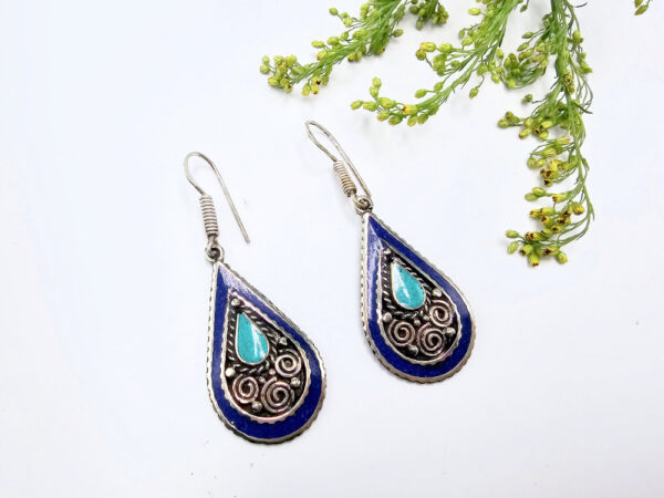 Tibetan Earrings Drop Blue Border and Turquoise center.
