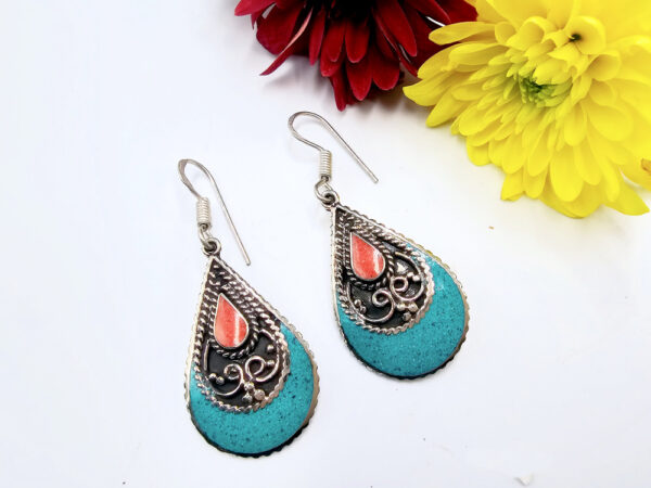 Tibetan Earrings Tear Turquoise & Red