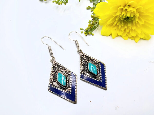 Tibetan Earrings Triangle Blues and Turquoise colour