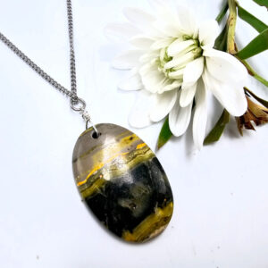 Bumble Bee Jasper oval pendant on a stainless steel necklace