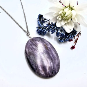 Large oval charoite necklace on a stainless steel chain