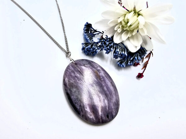 Large oval charoite necklace on a stainless steel chain