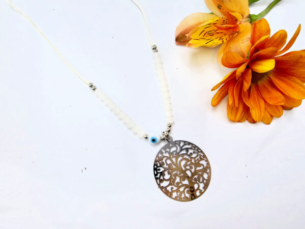 Tree of Life  Necklace Cream Evil Eye (Silver)