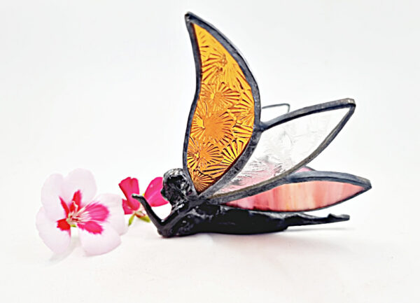 Orange & Pink Stained Glass Laying Fairy
