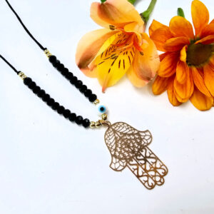 Hamsa Hand Necklace Black Evil Eye (Gold)