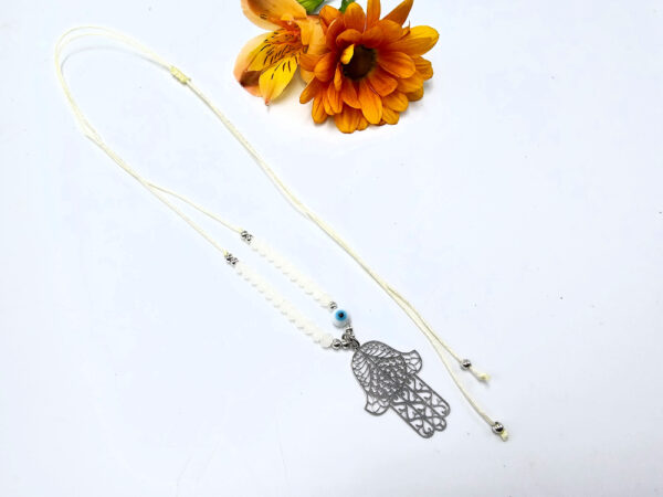 Hamsa Hand Necklace Cream Evil Eye (Silver) - Image 2