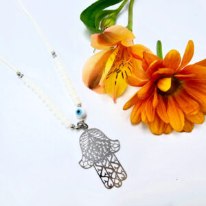 Hamsa Hand Necklace Cream Evil Eye (Silver)