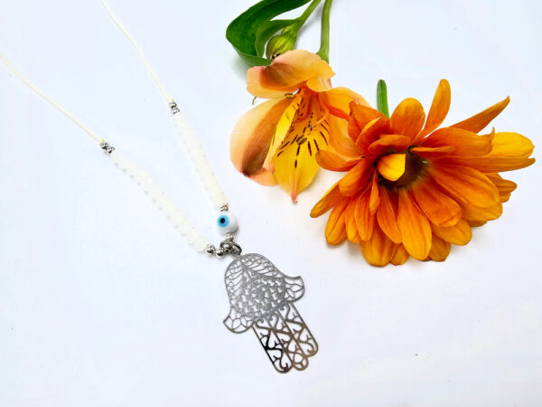 Hamsa Hand Necklace Cream Evil Eye (Silver)