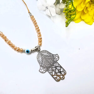 Hamsa Hand Necklace Tan Evil Eye (Silver)