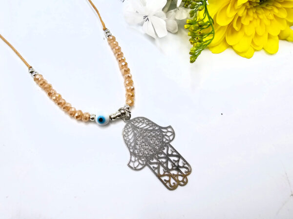 Hamsa Hand Necklace Tan Evil Eye (Silver)