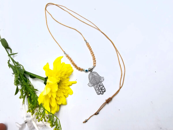 Hamsa Hand Necklace Tan Evil Eye (Silver) - Image 2