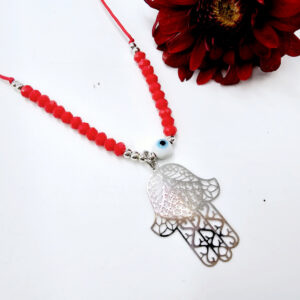 Hamsa Hand Necklace Red Evil Eye (Silver)