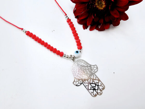 Hamsa Hand Necklace Red Evil Eye (Silver)