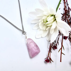 Pink Kunzite crystal pendant on a stainless steel chain