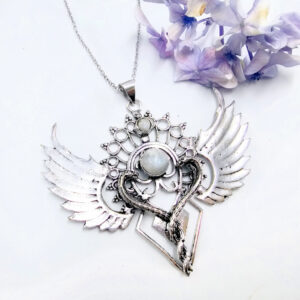 Winged Rainbow Moonstone Necklace (White Brass)