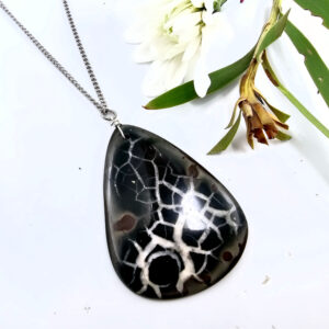 Large Tear Orca Agate pendant with a stainless steel necklace